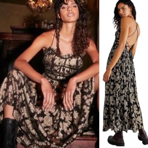 Free People - Black and Gold Charlie Bustier Metallic Casual Maxi Dress Size M - Picture 1 of 9